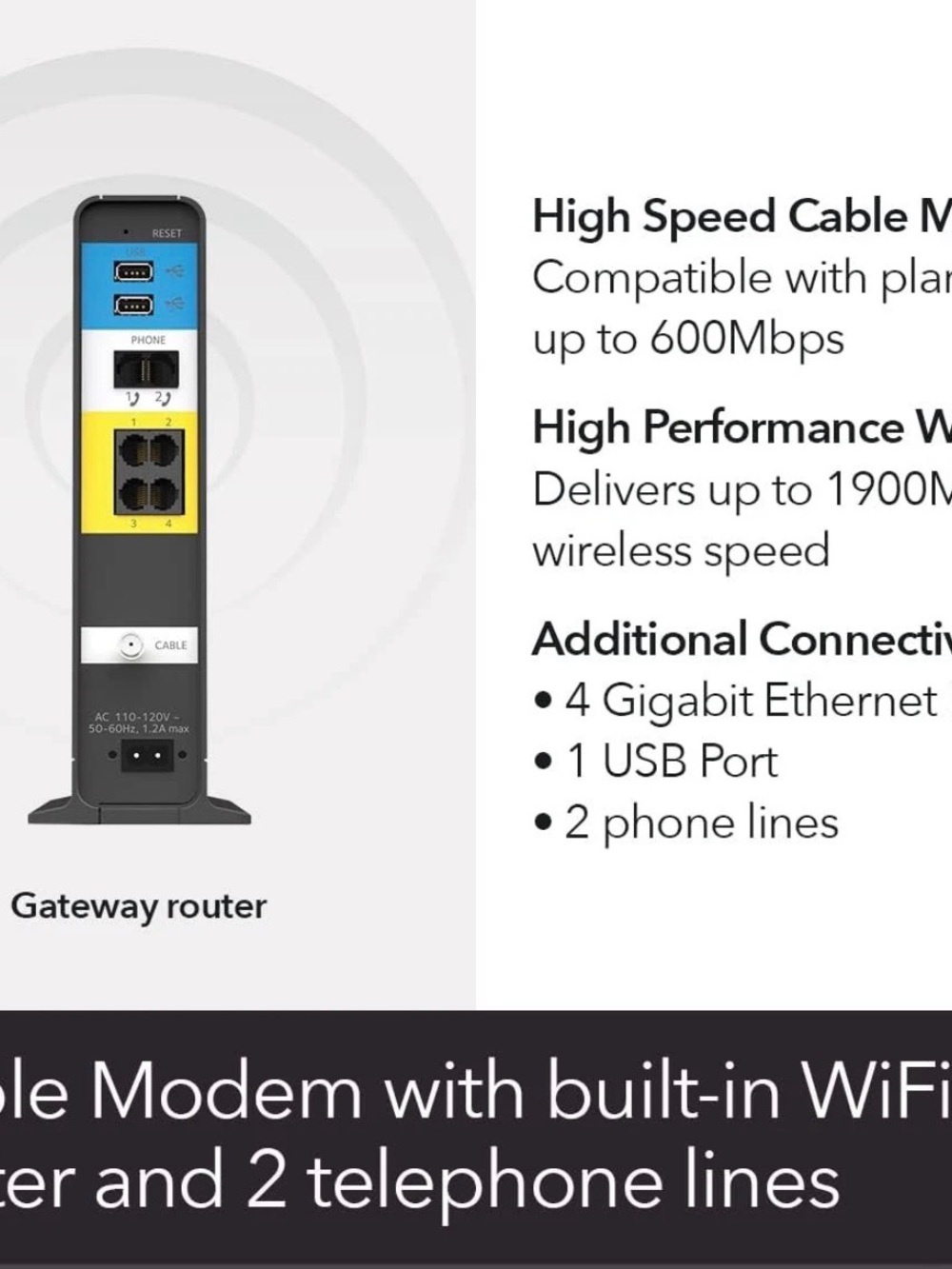 NETGEAR Nighthawk Cable Modem WiFi Router Combo with Voice C7100V - Black - Picture 9 of 10